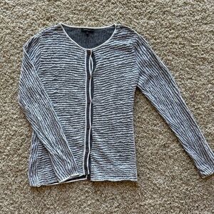 Lafayette 148 Striped Gray White Textured Button Up Cardigan Sweater Cotton Top